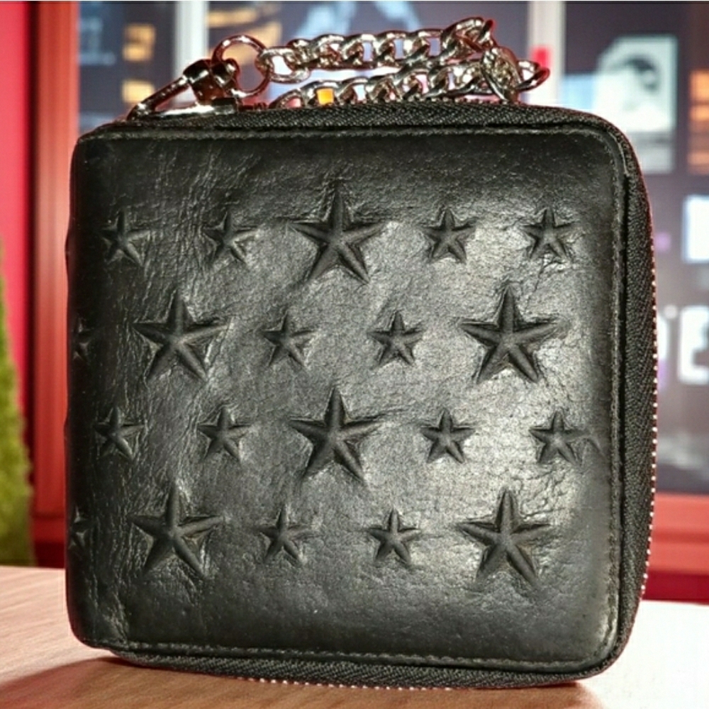 JIMMY CHOO Black Leather Star Embossed Wallet w/ Chain